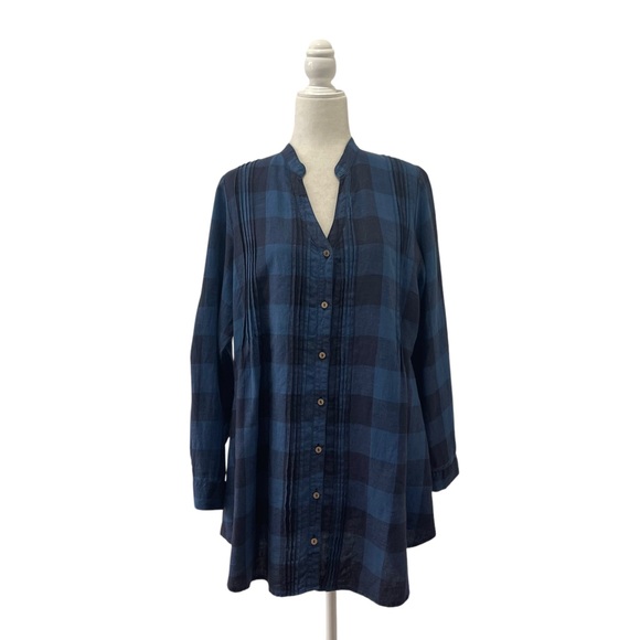 Yuvita Tops - Yuvita Linen Shirt Dress Size L Gingham Roll Tab Sleeves Pintuck Details